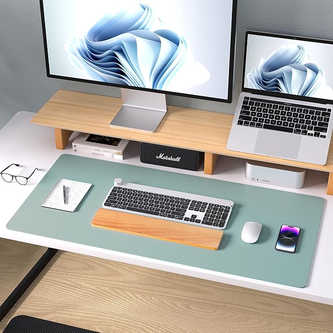 Aothia Leather Desk Pad Protector, Mouse Pad, Office Desk Mat, Non-Slip PU Leather Desk Blotter, Laptop Desk Pad, Waterproof Desk Writing Pad for Office and Home (Light Blue,31.5" x 15.7")