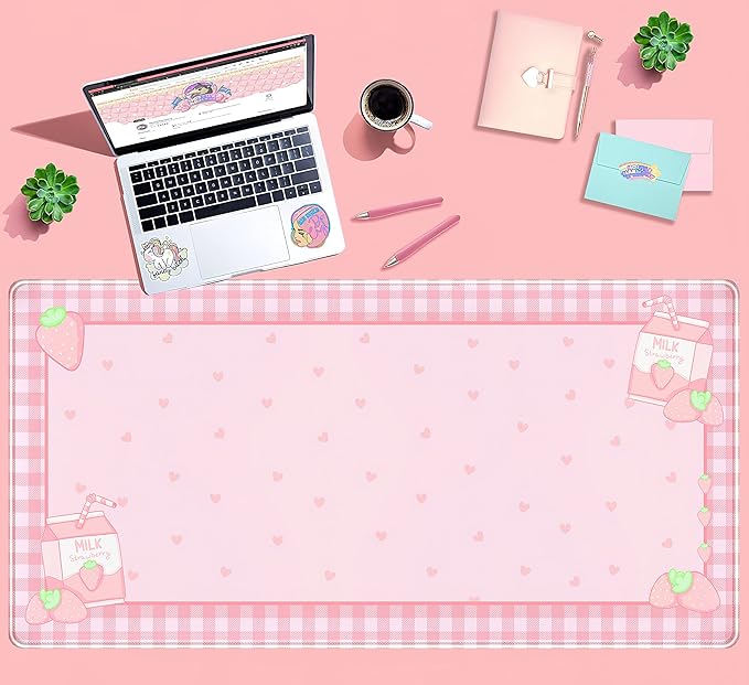 Cute Pink Plaid Desk Mats Strawberry Milk Gaming Desk Pad, Kawaii Extended Mouse Pad Kawaii Large Keyboard Mats XXL, Laptop Mat for Desk, Desktop Mat Mousepad Office Decor for Women 31.5"x15.75"