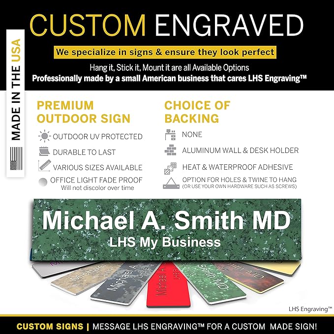 Engraved Name Plates for Door Sign Personalized Green Marble Plastic Plaque with White Letters - Made in USA 2x10 S4