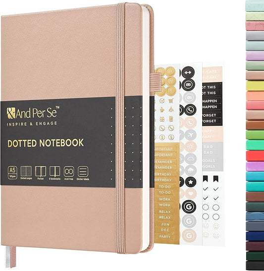&And Per Se Dotted Journal Notebook, A5 Hardcover Leather Bullet Dotted Journal, 160 Pages 100 gsm Thick Paper，3 Sheets of Stickers Included - 5.7'' x 8''（Apricot）