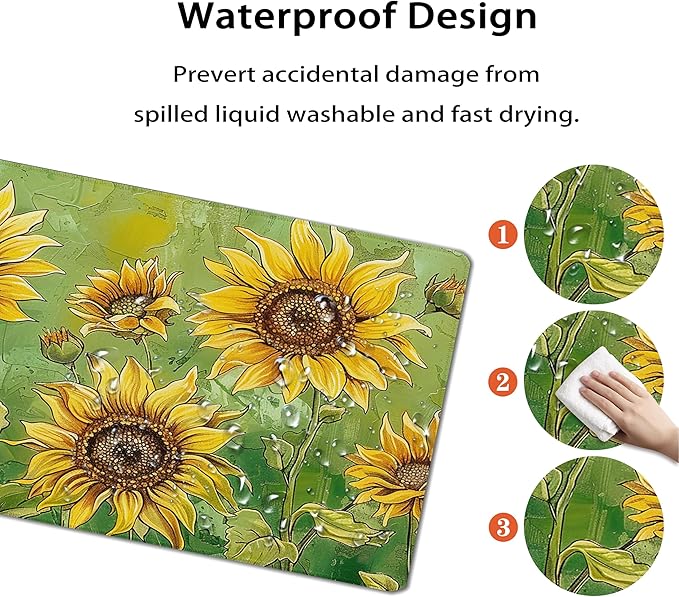 31.5”x11.8”Large Gaming Mouse Pad for Desk, Mouse Mat with Seamed Edges, Waterproof Desk Pad, Non-Slip Rubber Base, Keyboard Pad Computer Mat, Big XL Mousepad-Sunflowers On Green Oil Painting