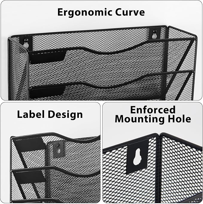Hanging Wall File Organizer with Office Assorted, 5 Pockets Mesh Wall Mounted File Folder Holder for Mail, Paper, Document, Binder, Magazine, Menu (Black)