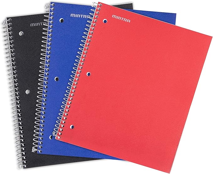 Mintra Office Durable Spiral Notebooks, 1 Subject, (Black, Blue, Red, Wide Ruled 3 Pack), 100 Sheets, Poly Pocket, Moisture Resistant Cover, Strong Chipboard back, For School, Office, Business