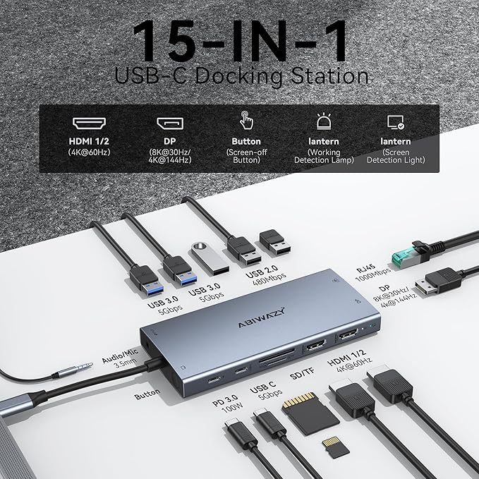 USB C Docking Station Dual Monitor for Dell XPS/HP/Lenovo/Surface, 15 in 1 USB-C Hub 3 Monitor Adapter, Dock with 8K DisplayPort, 2 HDMI 4K@60Hz, 6 USB A/C, 100W PD, Ethernet, SD/MicroSD