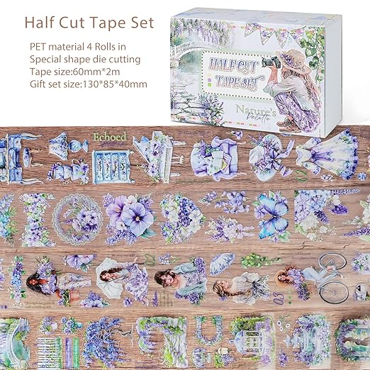 Snycler Pre-Cut Purple Rhyme Themed PET Washi Tapes - Vintage Aesthetic Tape Stickers for Journaling, Scrapbooking, Junk Journals, Crafts, Planners - 4 Rolls