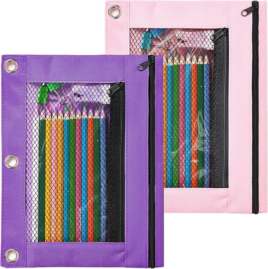 Sooez Pencil Pouch for 3 Ring Binder, 2 Pack Fabric Binder Pouch with 2 Pockets, Pencil Bags with Zipper and Reinforced Grommets, Pencil Cases for Binder