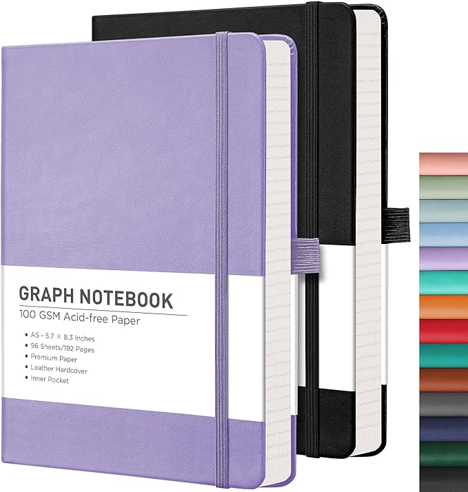 RETTACY Graph Grid Paper Notebook, 2-Pack, 192 Pages per Pack, A5 Medium Size (5.7'' x 8.3''), Leather Hardcover, 100 GSM Thick Paper, for School, Students, Math, Engineering (Black & Purple)