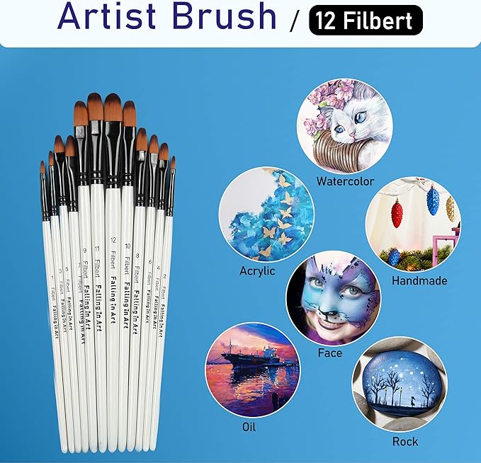 Falling in Art Paint Brushes Set, 12 PCS Nylon Professional Filbert Paint Brushes for Watercolor, Oil Painting, Acrylic, Face Body Nail Art, Crafts, Rock Painting