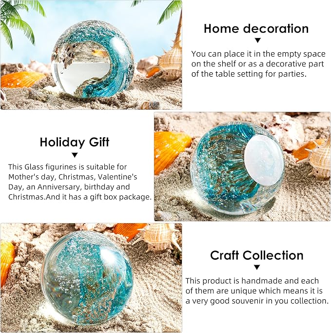 EUSTUMA Hand Blown Glass Figurines Ball Ocean Waves,Office Paperweight Glass for Desk,Home Decor Collectible,Aquarium Decor,Office Decor Ocean Lovers (Waves)
