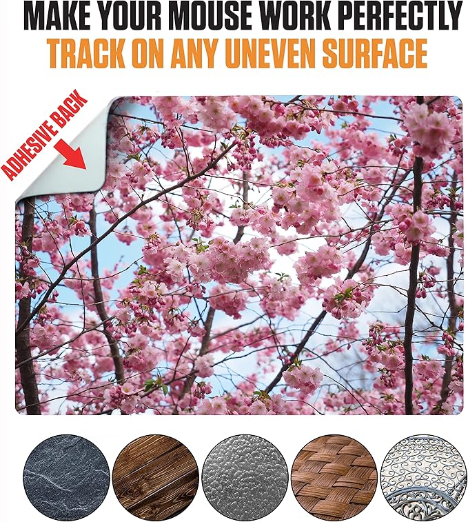 Adhesive Mouse Pad - Peel and Sticks to Any Surface - Travel Mouse Pad, Sticky for Any Surface - Excellent Tracking - Cherry Blossoms