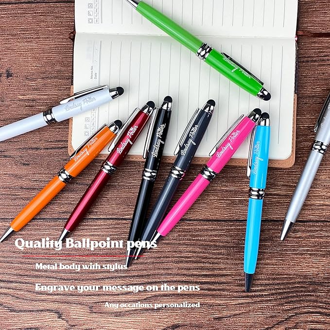 Ancolo Personalized retractable pens with Stylus tip stylish pens - Engraved with Your Name or Message, Phone Number Black ink Perfect for Bank, Office, Hotel Lobbies 10 Pens/Box