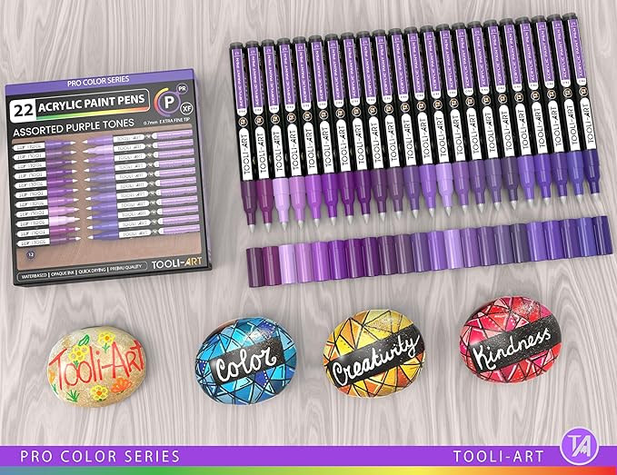 Acrylic Paint Pens 22 Purple Tones Assorted Pro Color Series Markers Set 0.7mm Extra Fine Tip for Rock Painting, Glass, Mugs, Wood, Metal, Canvas, Projects, Non Toxic, Waterbased, Quick Drying