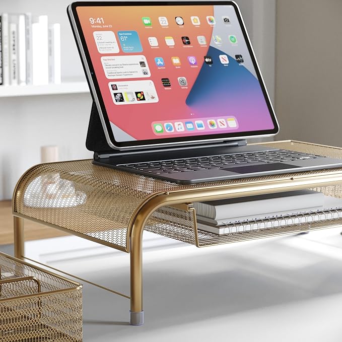 Martha Stewart Ryder Gold Mesh Metal Desktop Monitor Stand Riser with Organizer Drawer and Side Storage, 12.5 x 22.25 x 6.5 inches