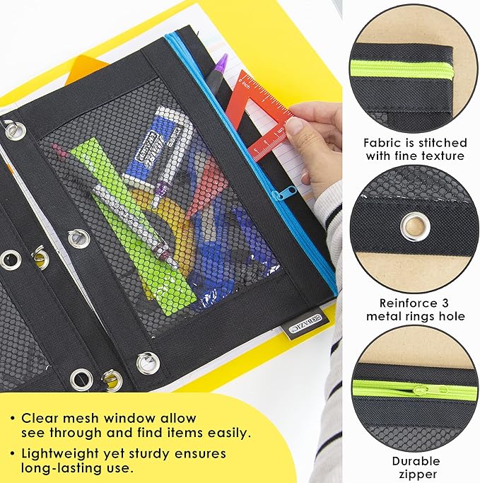 BAZIC Pencil Pouch 3 Ring Binder Pouch w/Rivet Enforced Rings Holes, Neon Black Color Mesh Window Zipper Pouches, 6-Pack