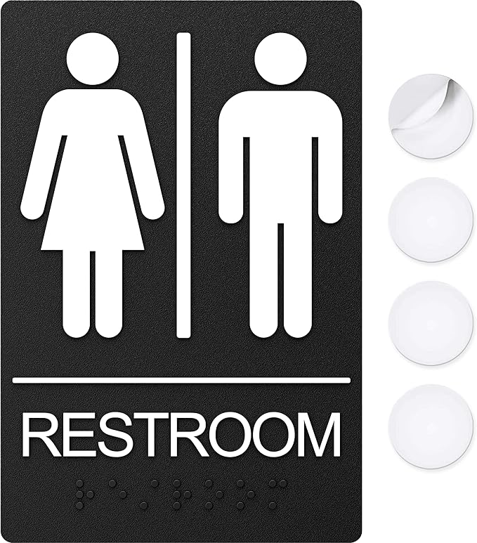 Unisex Bathroom Signs, Restroom Sign For Business - For Men and Women - 9" by 6" - ADA Compliant with Braille - Strong Double-Sided Adhesives Included - Apply to Office, Home, Public Door/Wall