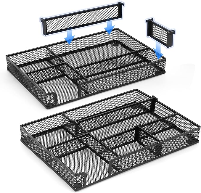 Desk Drawer Organizer Tray, with 2 Adjustable Compartments, Metal Mesh Drawer Organizer, Multifunctional Desktop Drawer Organizer Organizer Set for Office, Home and School Supplies 12.6x8.26x1.57 in