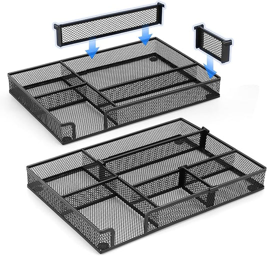 Desk Drawer Organizer Tray, with 2 Adjustable Compartments, Metal Mesh Drawer Organizer, Multifunctional Desktop Drawer Organizer Organizer Set for Office, Home and School Supplies 12.6x8.26x1.57 in
