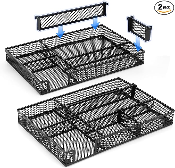 Desk Drawer Organizer Tray, with 2 Adjustable Compartments, Metal Mesh Drawer Organizer, Multifunction Desktop Drawer Organizer Organizer Set for Office, Home and School Supplies, 2PCS