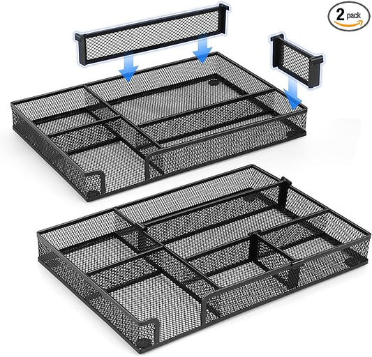 Desk Drawer Organizer Tray, with 2 Adjustable Compartments, Metal Mesh Drawer Organizer, Multifunction Desktop Drawer Organizer Organizer Set for Office, Home and School Supplies, 2PCS