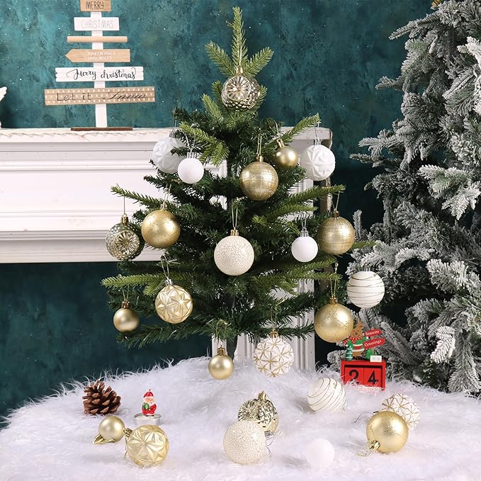100ct White &Gold Christmas Ornaments Set, Shatterproof Luxury Xmas Tree Ornaments Decorations Collection, Hanging Plastic Christmas Balls for Holiday Party Wedding (White&Gold)