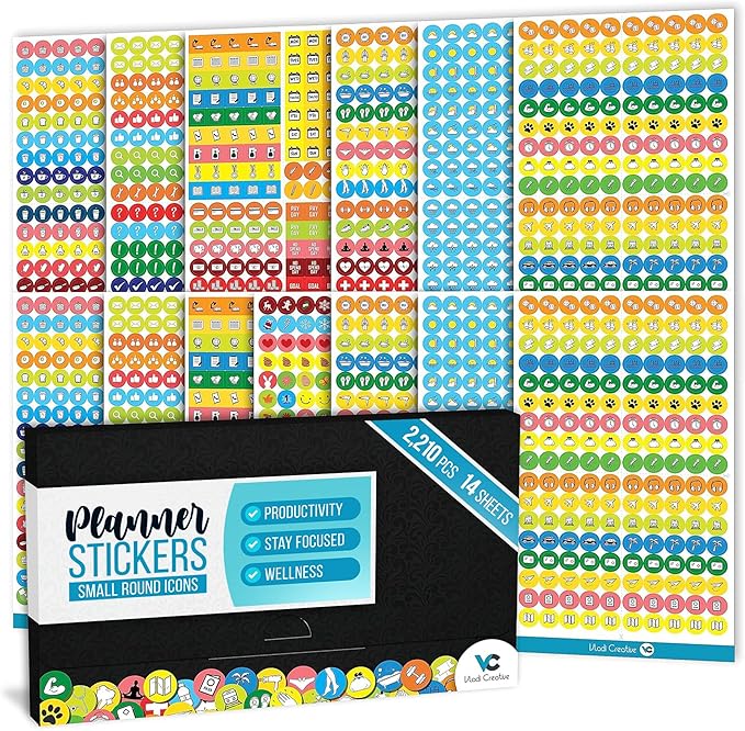 Vladi Creative Small Icons Productivity Boosting & Stay Focused Planner Stickers - 2210 pcs / 14 Sheets Mini Icons Value Pack - Planner Accessories - Perfect for Calendars, Journals, & Scrapbooking