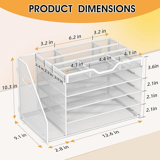 5 Tier Paper Letter Tray with File Holder and 3 Drop-in Pen Holders, Mesh Desk File Organizer with Handle, Desk Organizers and Accessories for School,Home, Office Supplies Storage-White