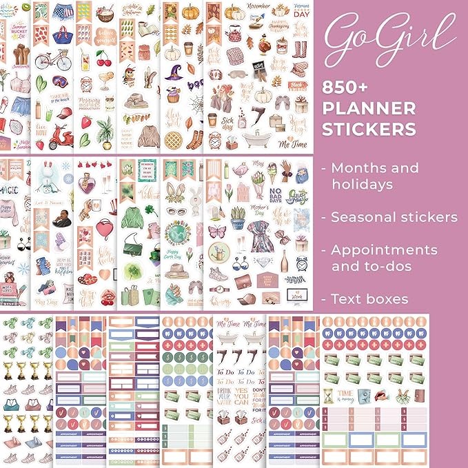 GoGirl Value Sticker Pack – 850+ Small Aesthetic Stickers for Planner, Journal & Calendar – Holidays, Seasonal Stickers, Inspirational Quotes, to-dos, Appointments, Budgeting & Text Boxes – 19 Sheets
