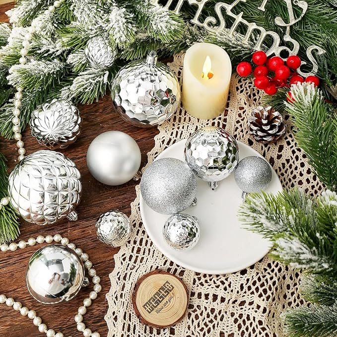 Christmas Balls Ornaments -36pcs Shatterproof Christmas Tree Decorations with Hanging Loop for Xmas Tree Wedding Holiday Party Home Decor,6 Styles in 3 Sizes(Silver)