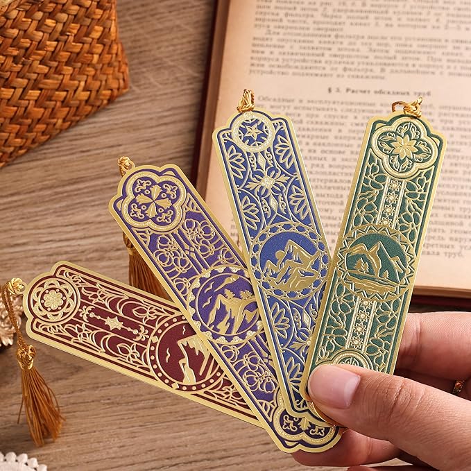 4 Pieces Metal Bookmarks with Tassel Big Size, Golden Vintage Aesthetics Scenery Mountain Theme Book Mark, Bookmark for Women Book Lovers Gift Writers Readers Teens Men