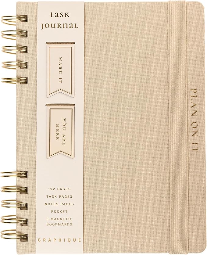 Daily Task Journal by Graphique Luxe Collection, Fabric-Wrapped Hardcover Spiral Notebook for Planning & Writing, Priority List Planner with Magnetic Bookmarks & Gold Foil Embossing,192 Pages, 6” x 8”, Taupe