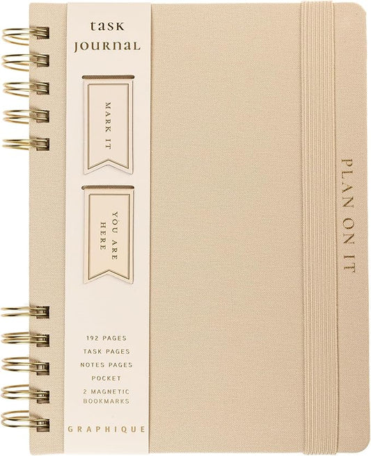 Daily Task Journal by Graphique Luxe Collection, Fabric-Wrapped Hardcover Spiral Notebook for Planning & Writing, Priority List Planner with Magnetic Bookmarks & Gold Foil Embossing,192 Pages, 6” x 8”, Taupe