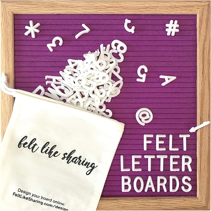 Purple Felt Letter Board 10x10 inches. Changeable Letter Boards Include 300 White Plastic Letters & Oak Frame.