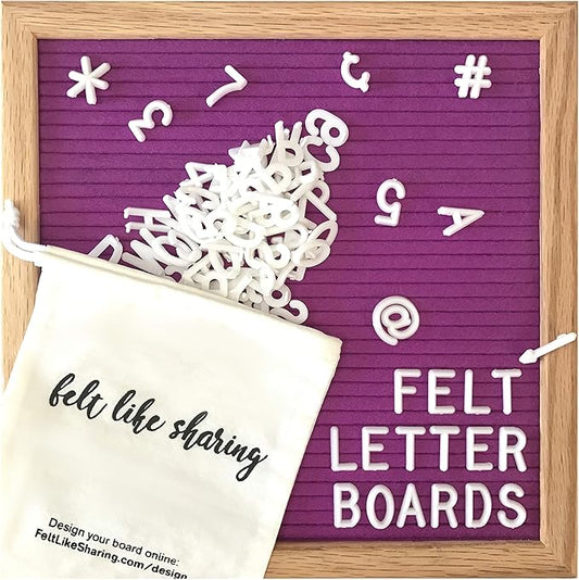 Purple Felt Letter Board 10x10 inches. Changeable Letter Boards Include 300 White Plastic Letters & Oak Frame.
