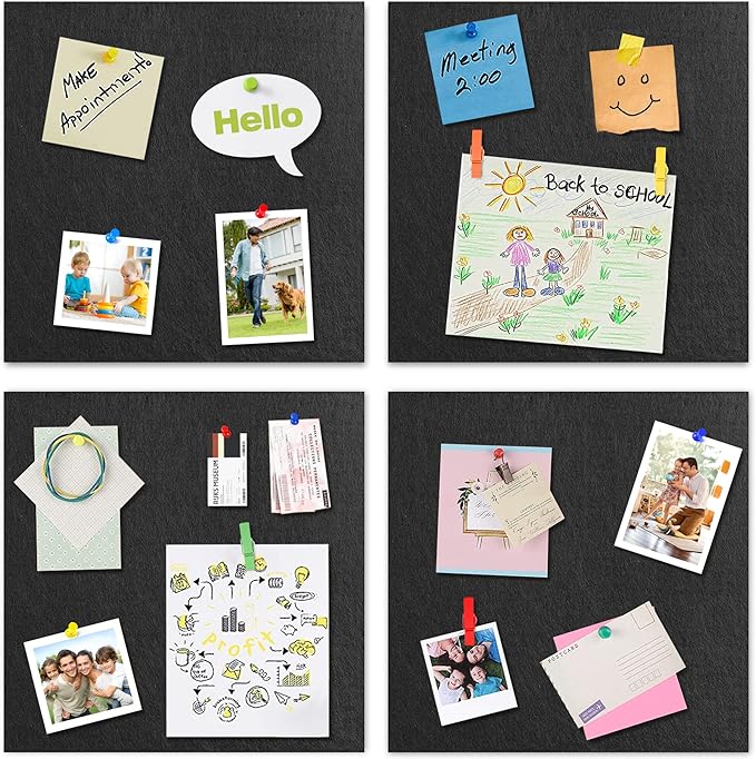 AKTOP Black Cork Bulletin Board 12x12, 1/2" Thick Felt Cork Board Tiles 12 Pack, Small Square Pin Board for Wall, Self Adhesive Corkboards with 120 Push Pin Wood Clips for School, Home & Office