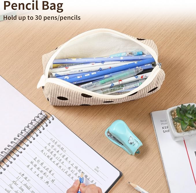 Pencil Bag Pen Case, Soft Corduroy Small Pencil Pouch Organizer with Zipper, Cute Pencil Case Pouch Stationery for Girls and Boys – Dot Beige