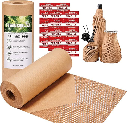 Neworld Honeycomb Packing Paper,12" x 100' Eco Friendly Bubble Cushioning Wrap for Moving,Products & Gifts Wrapping Paper,Recyclable Cushioning Packing Material With 20 Fragile Sticker Labels