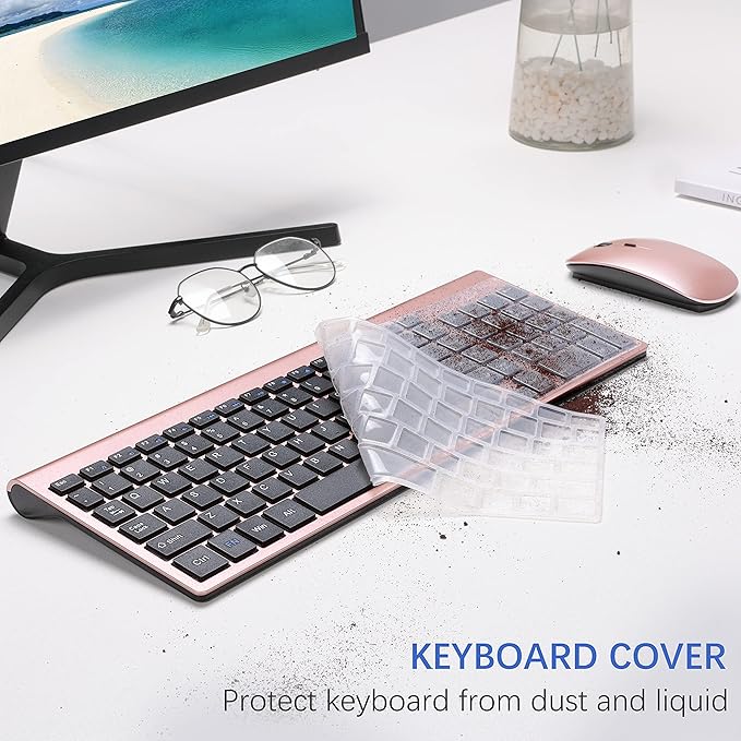 Wireless Keyboard and Mouse Ultra Slim Combo, TopMate 2.4G Silent Compact USB 2400DPI Mouse and Scissor Switch Keyboard Set with Cover, 2 AA & 2 AAA Batteries,for PC/Laptop/Windows/Mac-Rose Gold Black