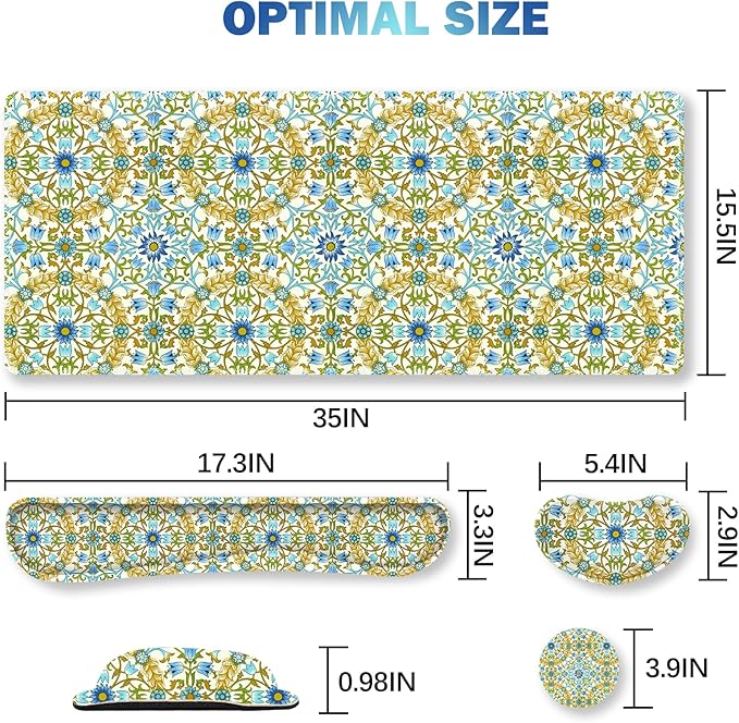 ARTSO Large Gaming Mouse Pad with Wrist Rest Wrist Support, Ergonomic Keyboard Mat Wrist Rest Desk Pad, Home Office Desk Accessories Decor Supplies, Blue Green Bohe Flower Plant