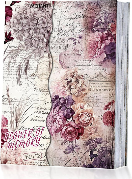 160 Sheets Vintage Flower Scrapbook Paper Purple Pink Flowers with Cursive Script No Repeating Patterns Perfect for Junk Journal DIY Cards Craft Albums Scrapbooking Supplies (Purple, 3.9 x 5.5 inches)