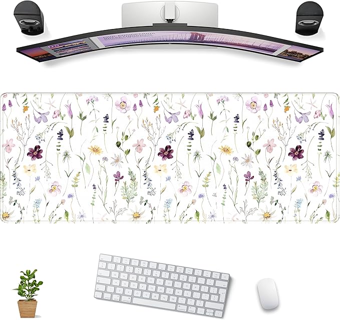 White Floral Desk Mat Cute Flowers Desk Pad Aesthetic Sage Mouse Pad XL Large Mousepad Desk Matt for Desktop, Laptop Pad Mat Keyboard and Mouse Mat for Women Office Decor Accessories 31.5x11.8 in