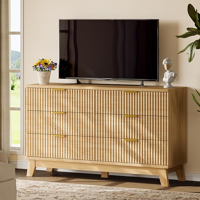 Fluted Dresser with 6 Drawers, 54" Wide Modern Chest of Drawers with Metal Handle, Wooden Dresser TV Stand, Wood Closet Clothes Storage Organizer for Bedroom, Living Room, Hallway, Natural Oak