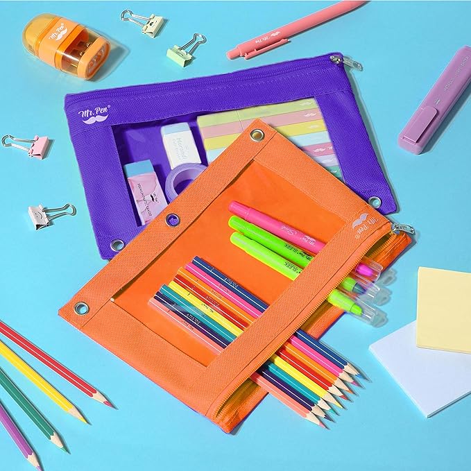 Mr. Pen- Pencil Pouch for 3 Ring Binder, 2 Pack, Orange and Dark Purple, 3 Ring Binder Pencil Pouch
