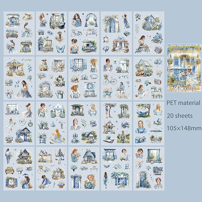 Snycler Blue Garden Series Sticker Book - 20 Sheets Vintage PET Stickers for Scrapbooking, Junk Journaling, Ephemera, and Decorative Crafts - Pre-Cut Urban Design Stickers