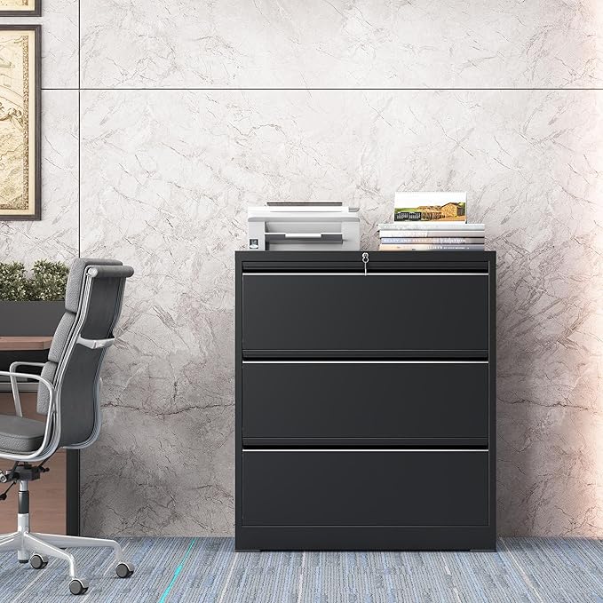 3 Drawer Lateral File Cabinet with Lock, Metal File Cabinet, Lateral File Cabinets for Home Office, Heavy Duty File Storage Cabinet for Legal/Letter/A4 Document, Assembly Required, Black