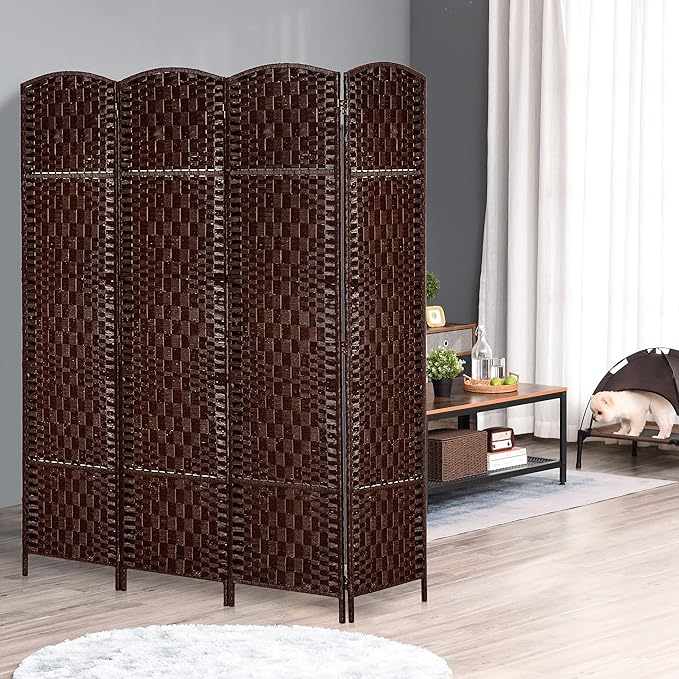 HOMCOM Room Divider 4 Panels Folding Privacy Screen 6FT Tall Portable Wicker Weave Partition Wall Divider for Bedroom Home Office, Brown