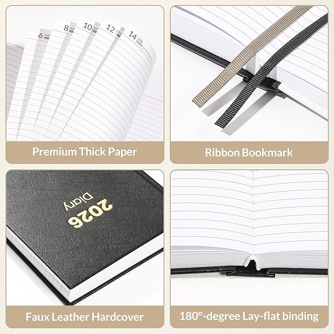 SUNEE 2026 Daily Planner Hardcover - Journal Organizer for Work & School - Daily Page Layout with Holidays, Notes - 100gsm No-Bleed Paper Agenda for Women & Men, Black
