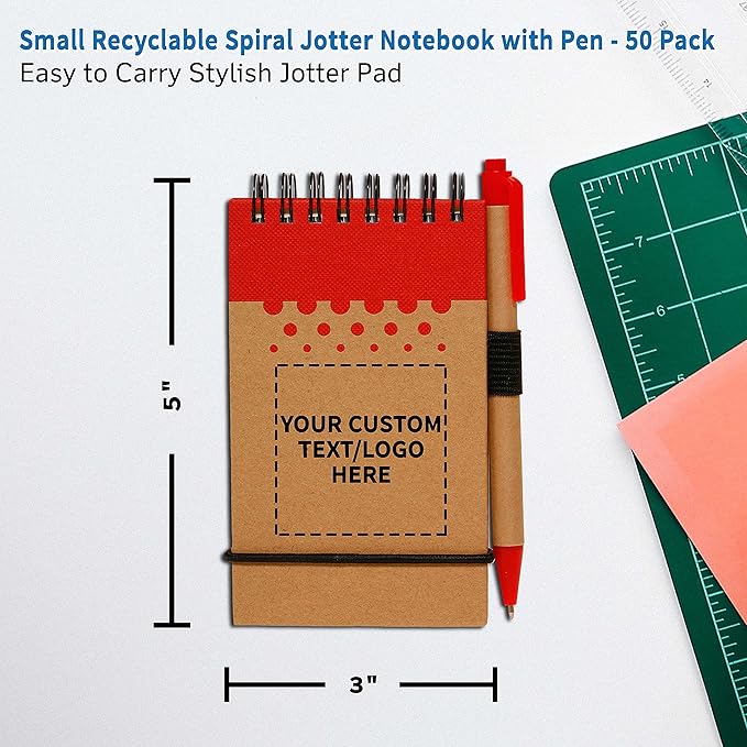 DISCOUNT PROMOS 50 Recyclable Spiral Small Notebooks Pack - Customizable Text, Logo - 60 Lined Pages - Red