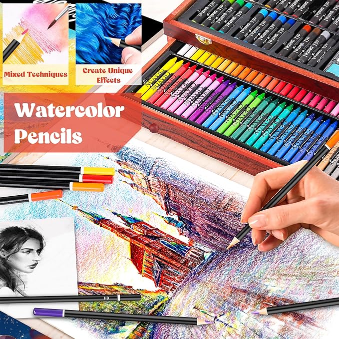Caliart Art Supplies, 153-Pack Deluxe Art Set in Wooden Case, Crafts Drawing Painting Kits with 2 A4 Sketch Pads, Coloring Book, Christmas Birthday Gifts for Teens Girls Boys Kids Adults Artists