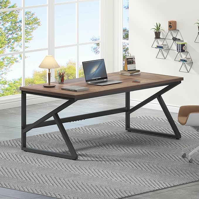 HSH Large Home Office Desk, Modern Wood Metal Computer Desk for Two Person, Extra Long Executive Writing Study Gaming Double Desk Workstation, 70 Inch Rustic Bedroom Living Room Table for 2 Monitors