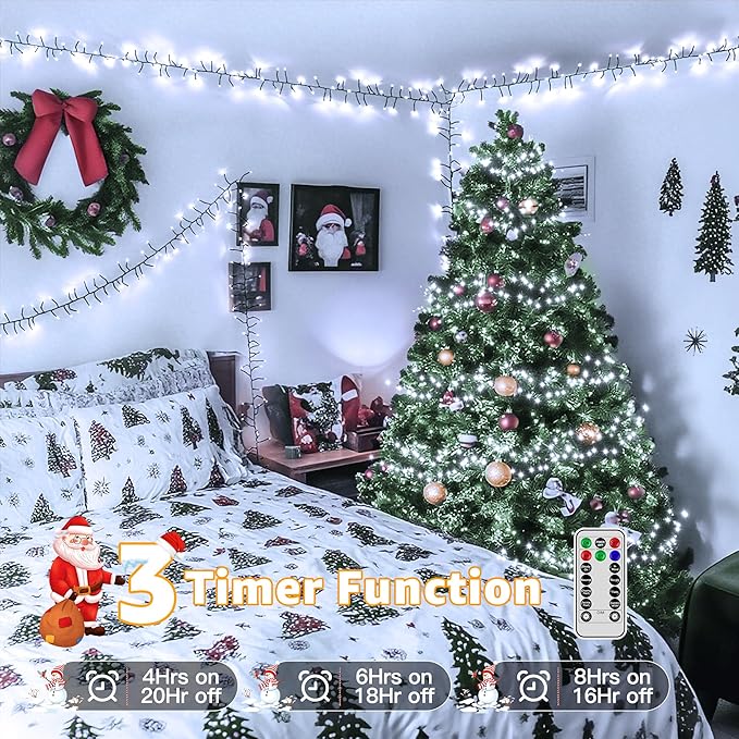 1200 LED 59 FT Cluster Lights, White Christmas Tree Lights 8 Modes Timer Remote, Waterproof String Lights for Indoor Outside Garland Xmas Decorations